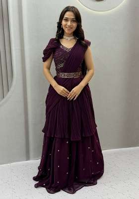 Wine Navratri Georgette Lehenga Set with Embroidery for Diwali | Wedding & Festive Wear