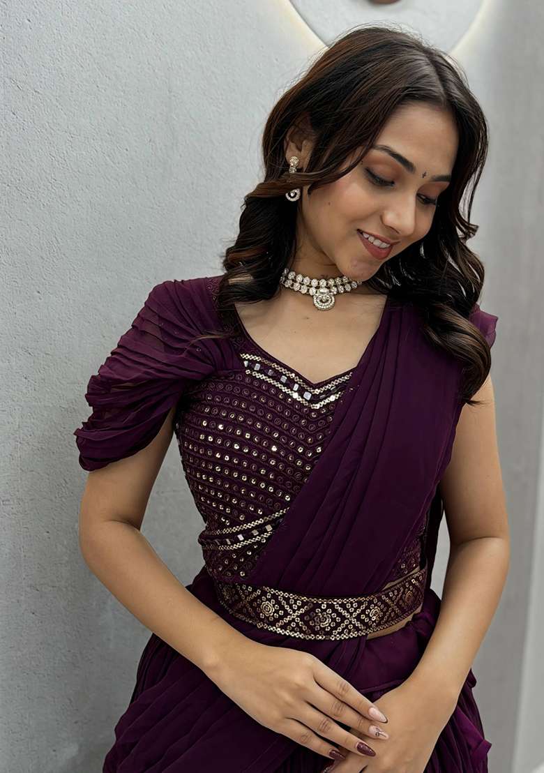 Wine Embroidery Georgette Navratri Lehenga Set - Indya