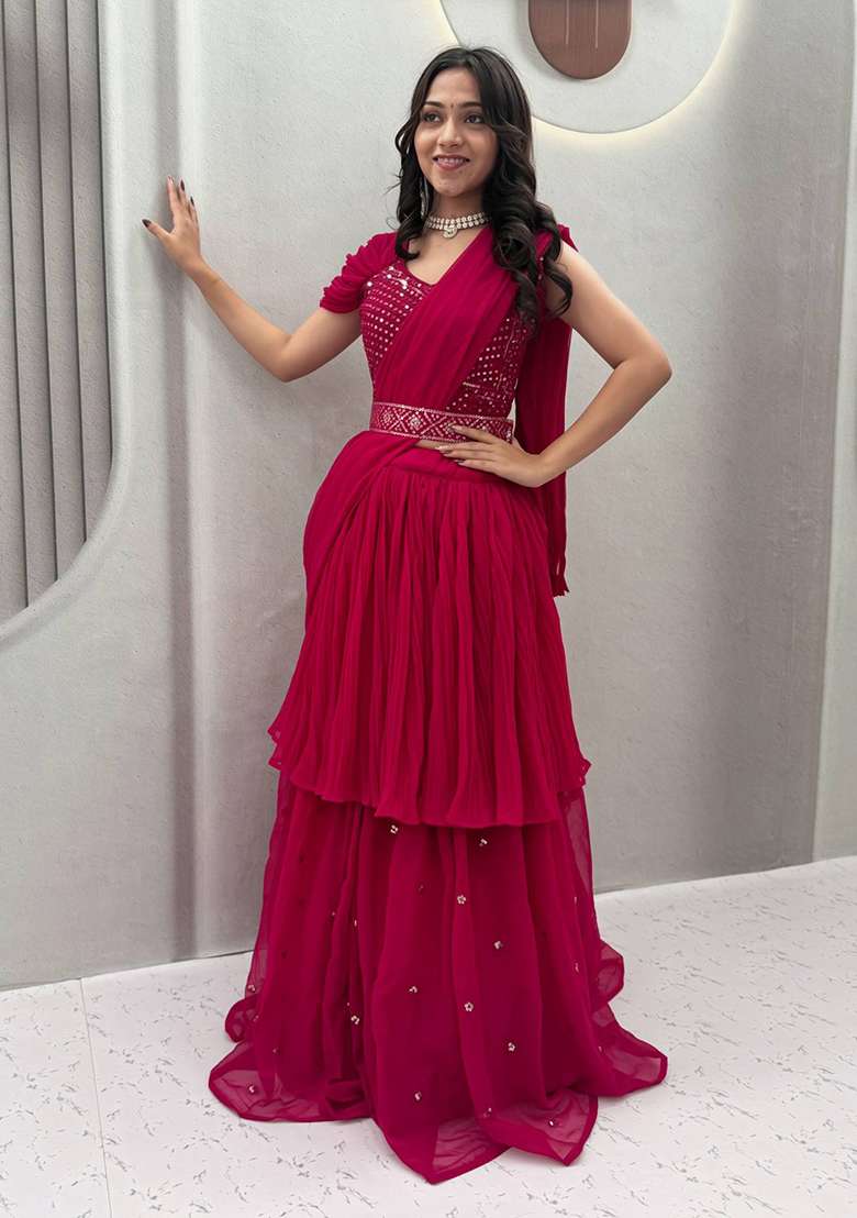 Pink Embroidery Georgette Navratri Lehenga Set - Indya