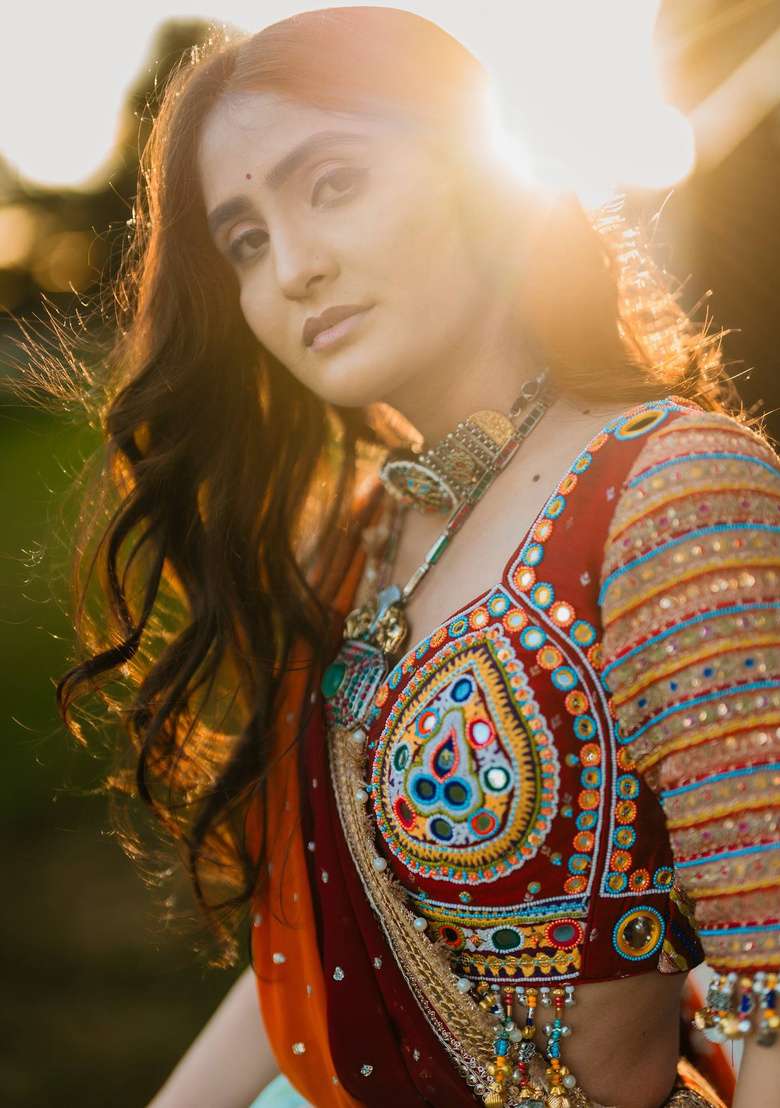 Multicolor Embroidery Cotton Navratri Lehenga Set - Indya