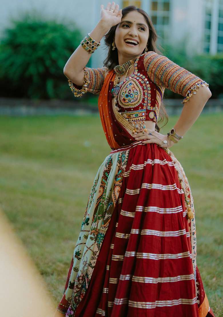 Multicolor Embroidery Cotton Navratri Lehenga Set - Indya