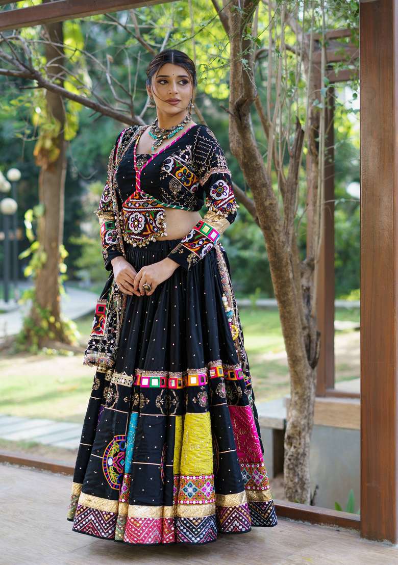 Black Embroidery Cotton Navratri Lehenga Set - Indya