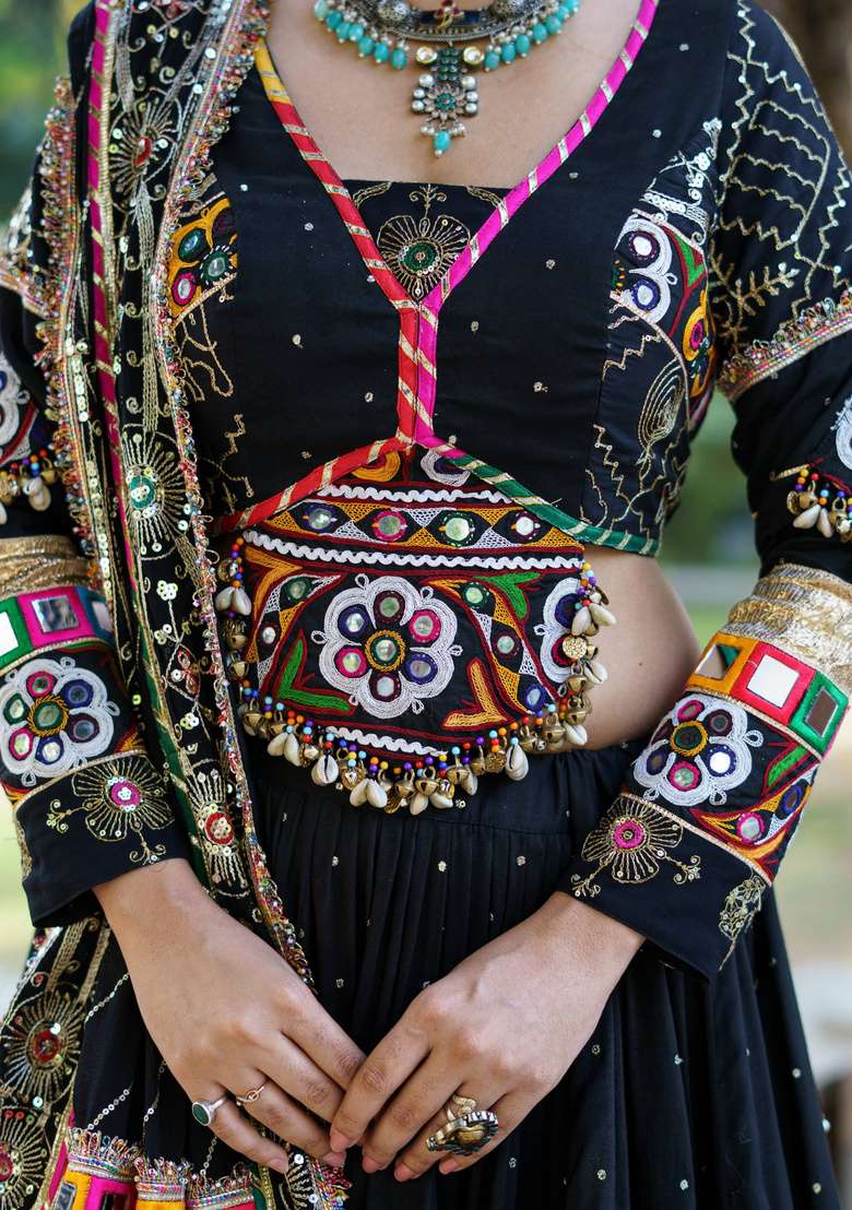 Black Embroidery Cotton Navratri Lehenga Set - Indya