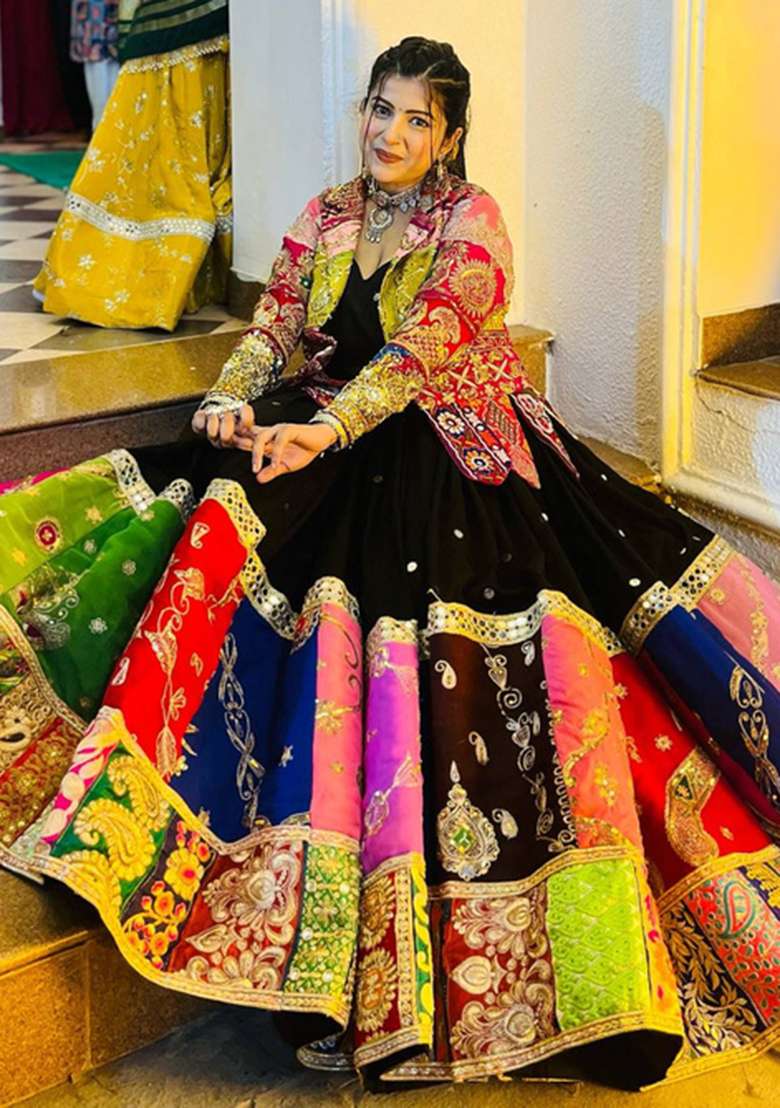 Black Embroidery Cotton Navratri Lehenga Set - Indya