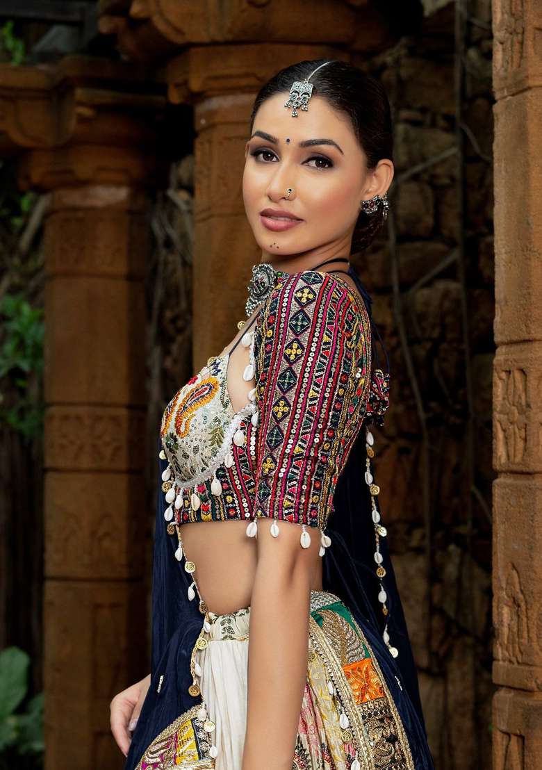 Multicolor Embroidery Cotton Navratri Lehenga Set - Indya