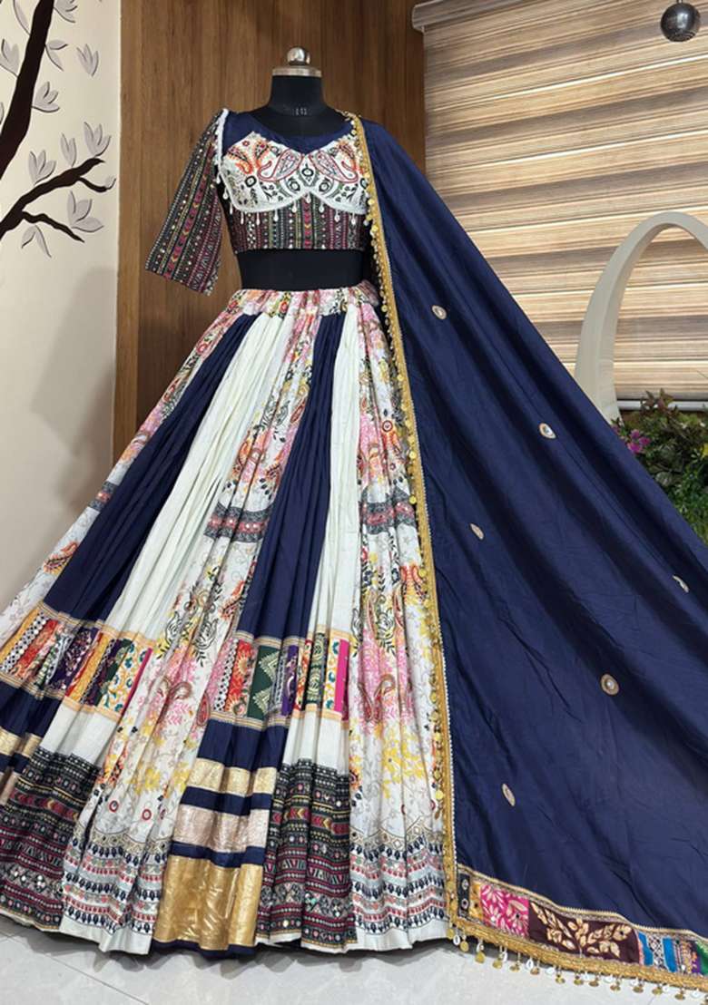 Multicolor Embroidery Cotton Navratri Lehenga Set - Indya