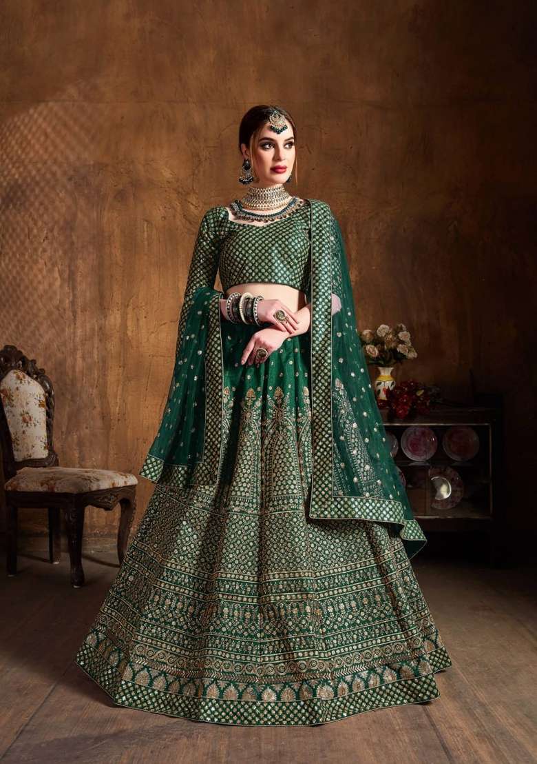 Green Sequin Work Silk Lehenga Set for Diwali and Festive Wear - Indya
