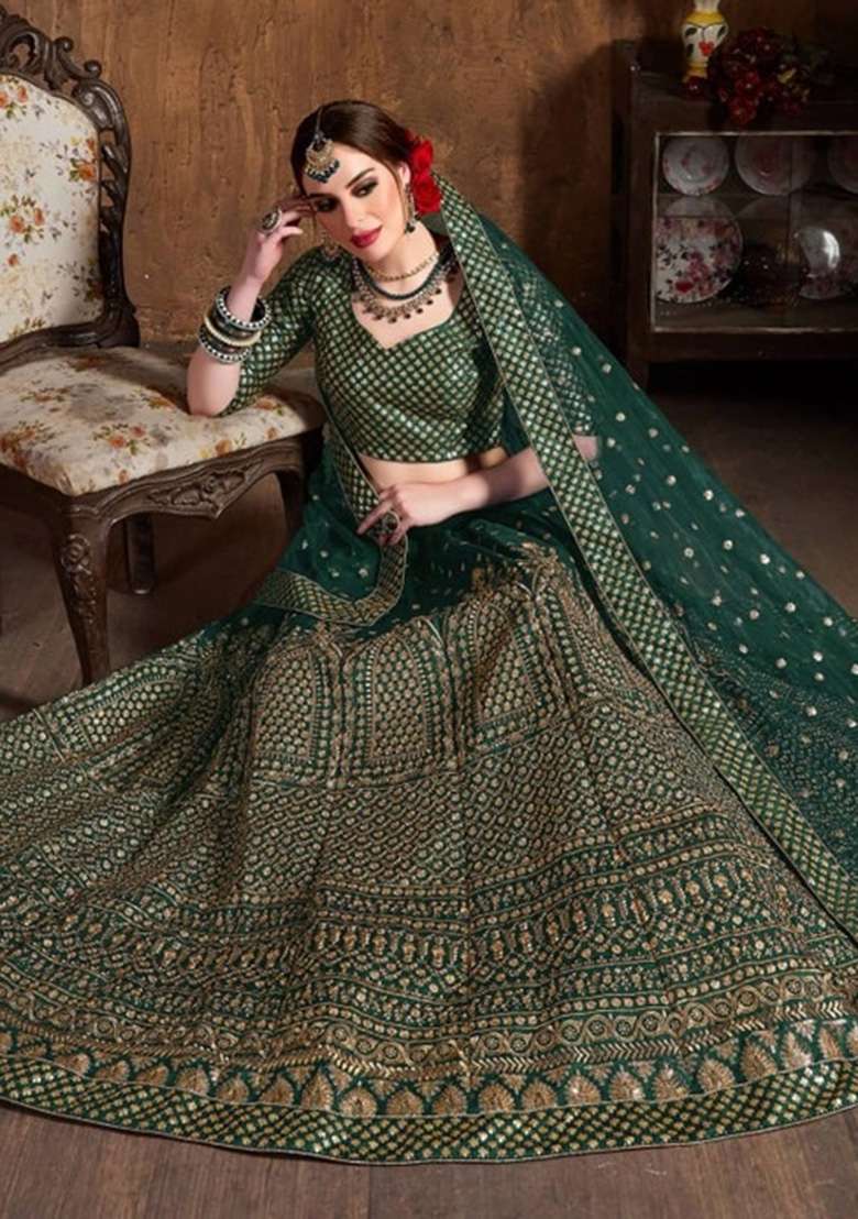 Green Sequin Work Silk Lehenga Set for Diwali and Festive Wear - Indya