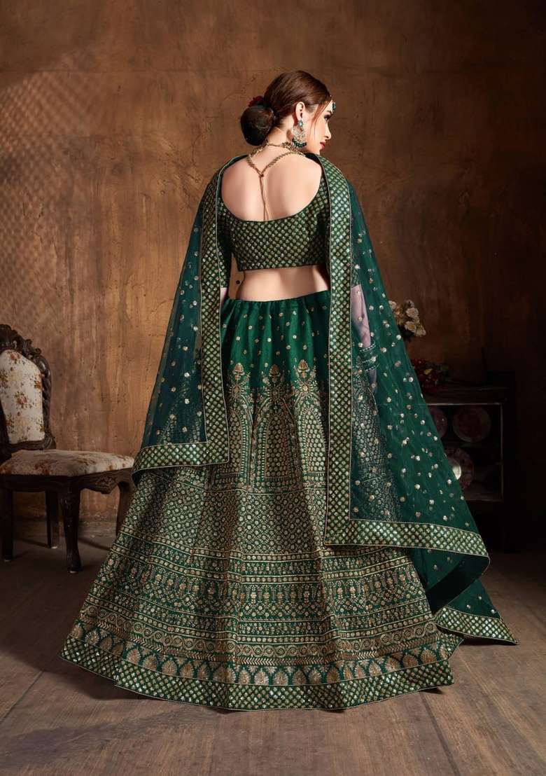 Green Sequin Work Silk Lehenga Set for Diwali and Festive Wear - Indya