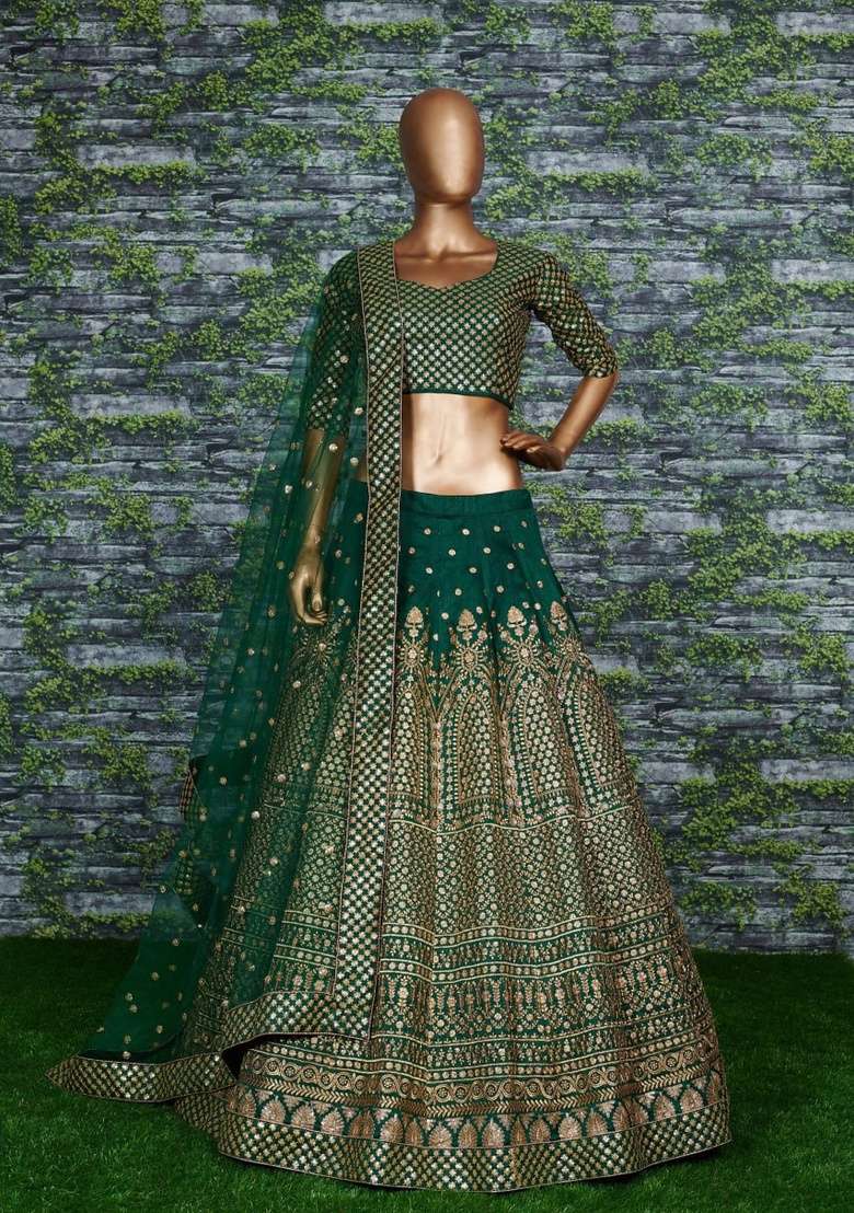 Green Sequin Work Silk Lehenga Set for Diwali and Festive Wear - Indya