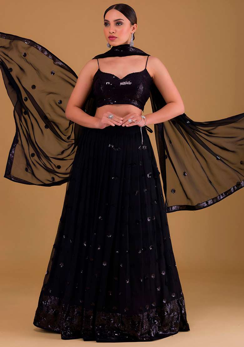Black Sequin Work Georgette Lehenga Set - Indya