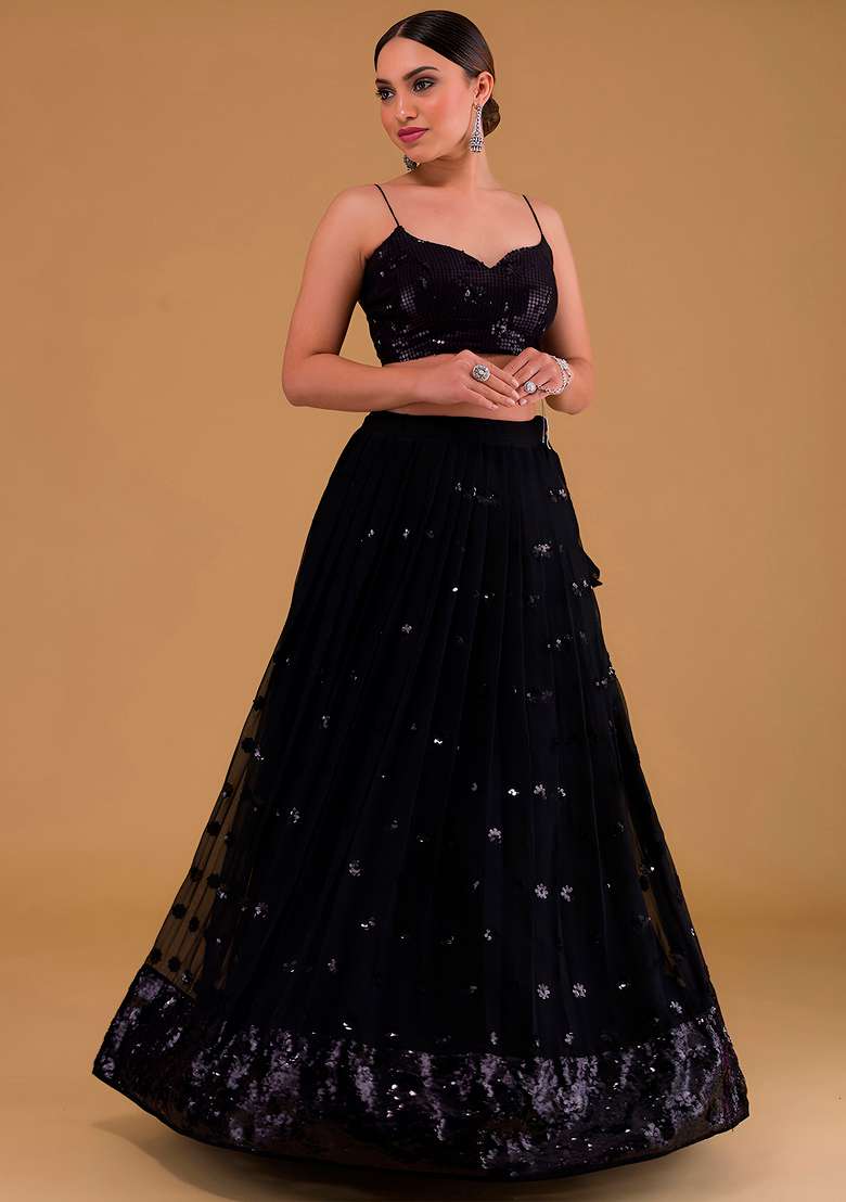 Black Sequin Work Georgette Lehenga Set - Indya