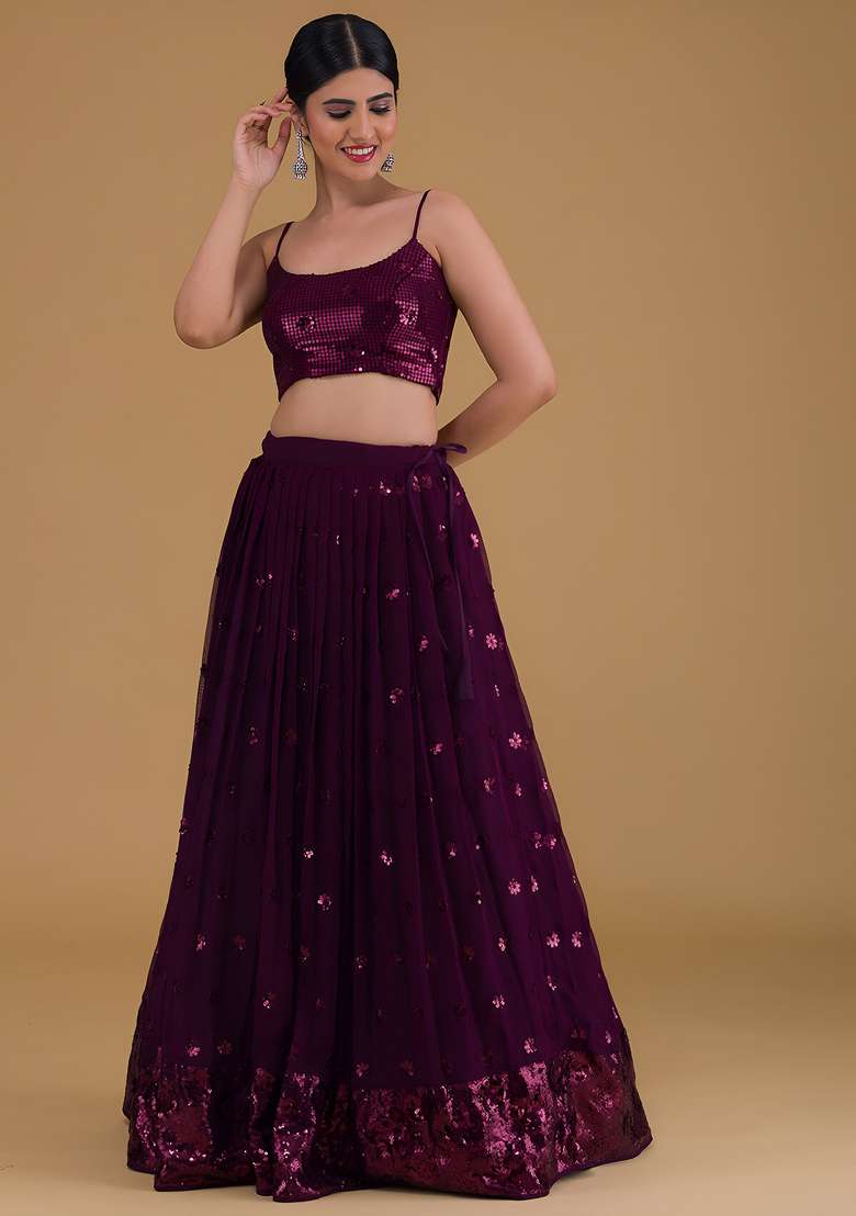 Purple Sequin Work Georgette Lehenga Set - Indya