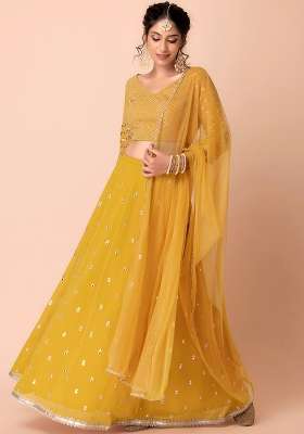 Yellow Sequin Work Georgette Lehenga Set for Diwali and Festive Wear