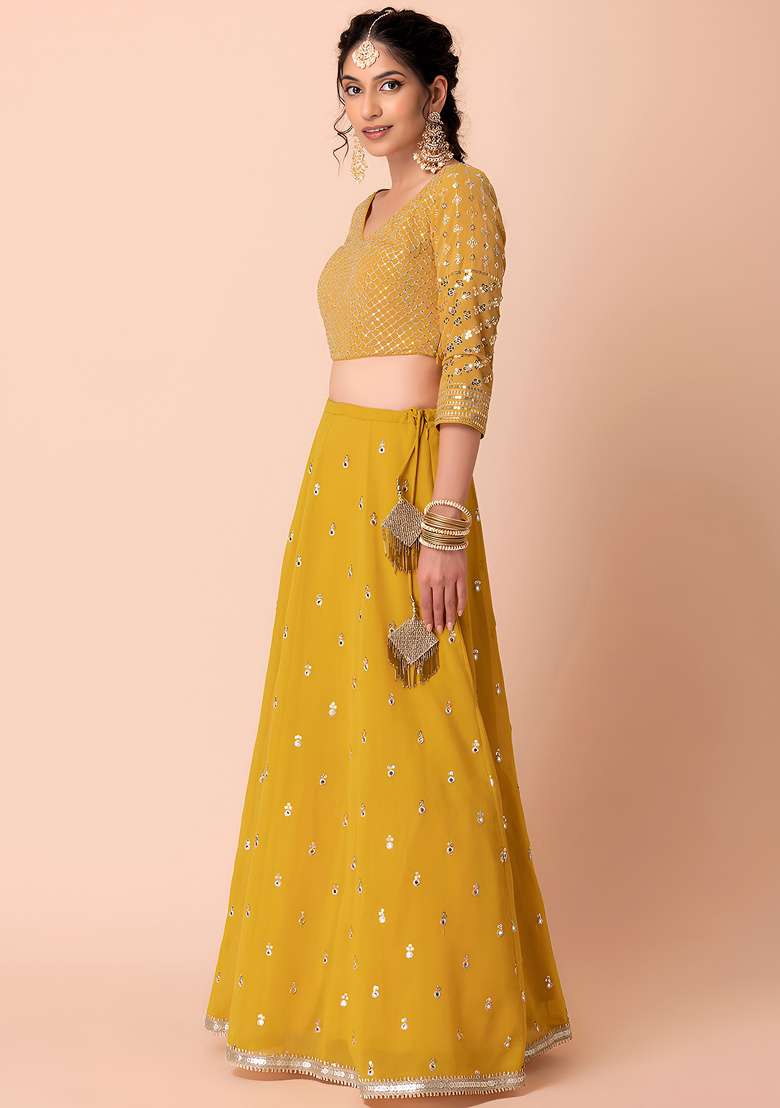 Yellow Sequin Work Georgette Lehenga Set for Diwali and Festive Wear - Indya