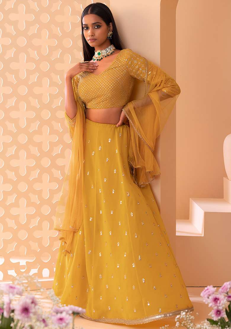 Yellow Sequin Work Georgette Lehenga Set for Diwali and Festive Wear - Indya