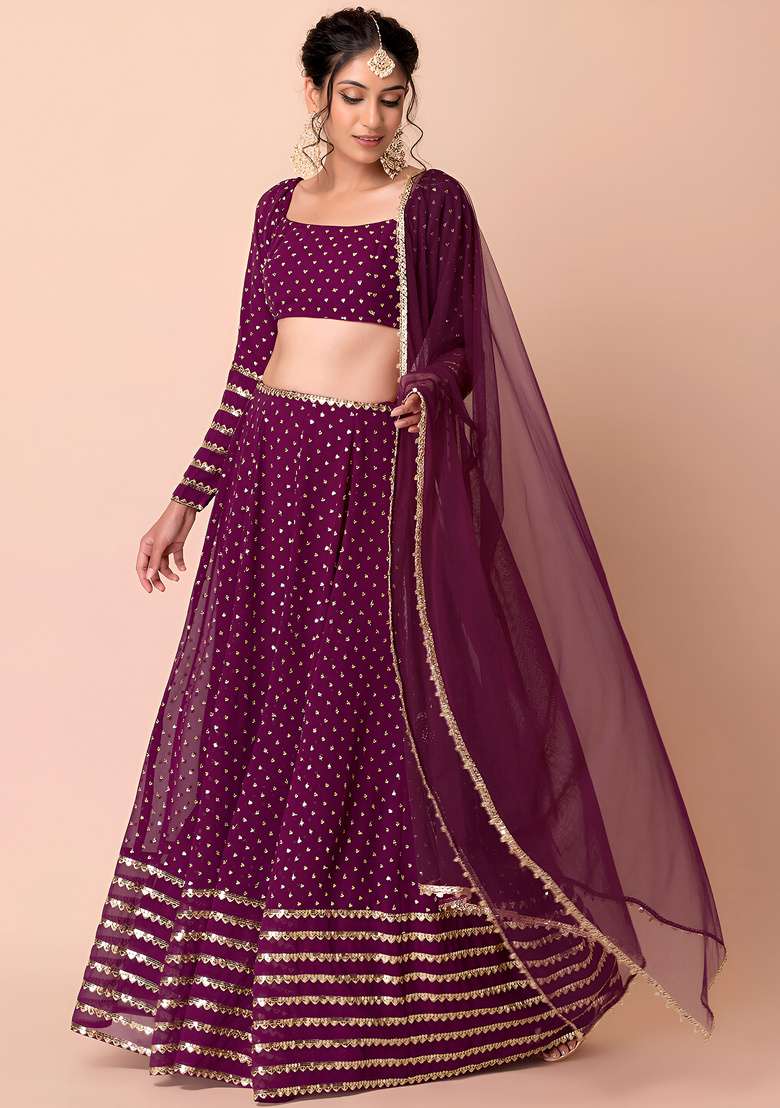 Wine Sequin Work Georgette Lehenga Set - Indya
