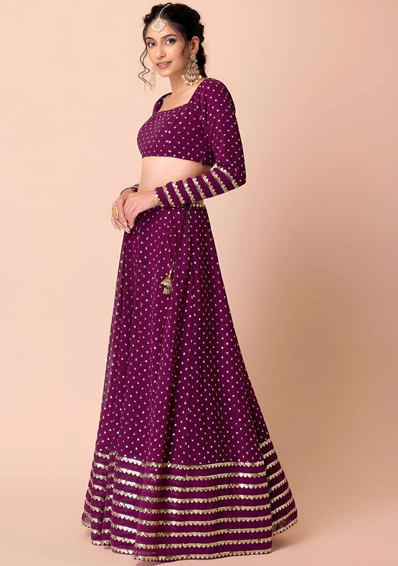 Wine Sequin Work Georgette Lehenga Set - Indya