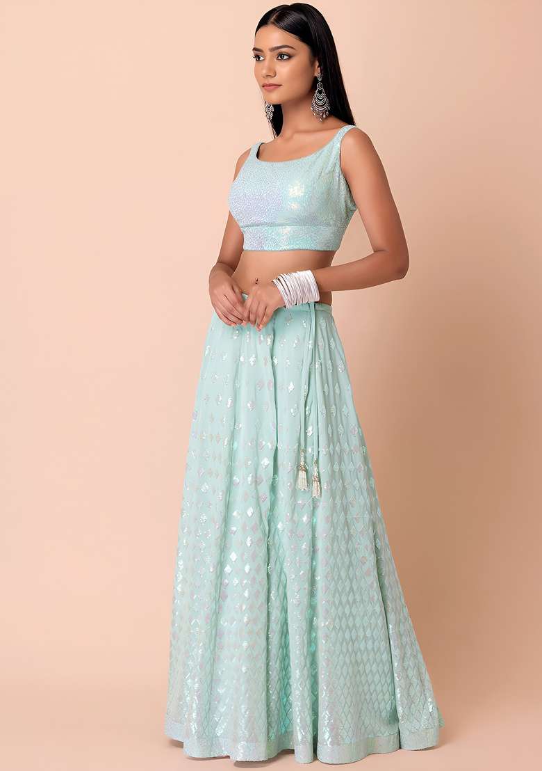 Blue Sequin Work Georgette Lehenga Set - Indya