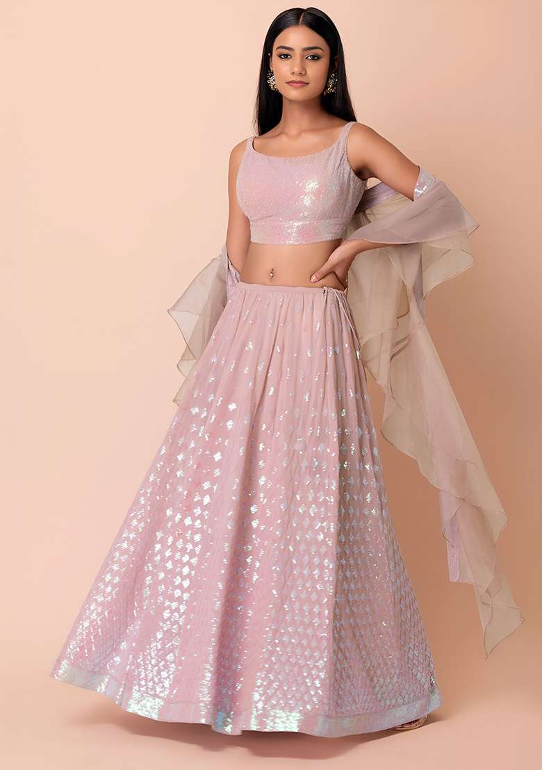 Pink Sequin Work Georgette Lehenga Set for Diwali and Festive Wear - Indya