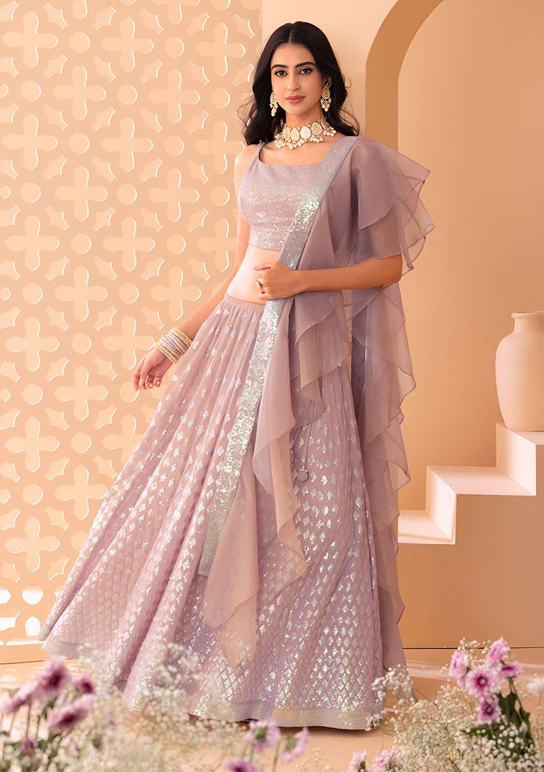 Pink Sequin Work Georgette Lehenga Set for Diwali and Festive Wear - Indya