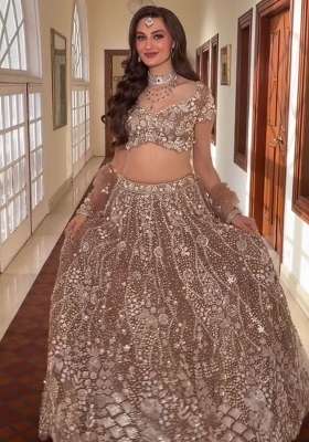 Brown Work Net Lehenga Set with Sequin for Diwali | Wedding & Festive Wear