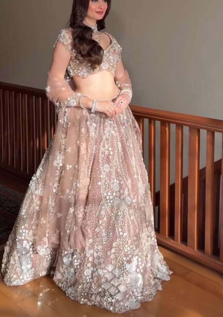 Brown Sequin Work Net Lehenga Set - Indya