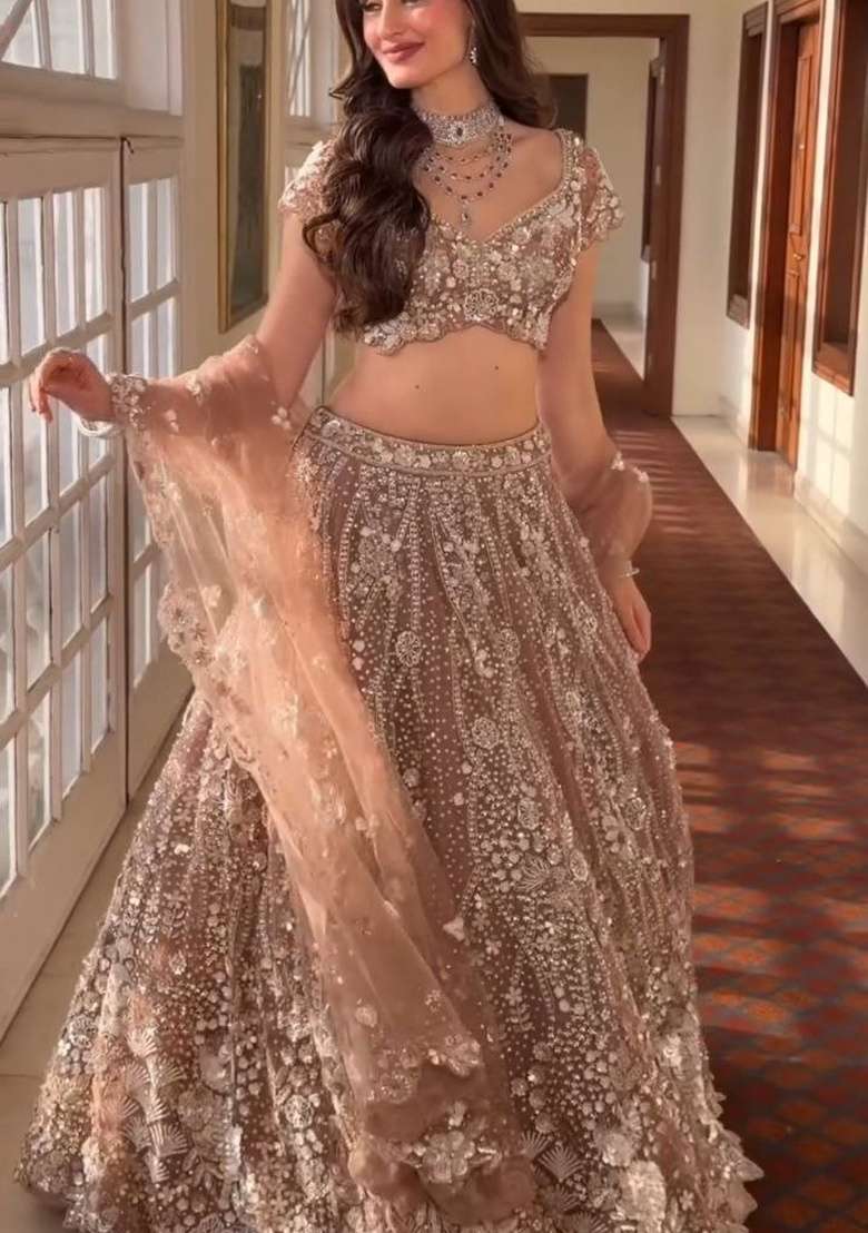 Brown Sequin Work Net Lehenga Set - Indya
