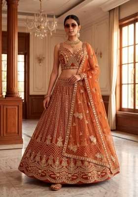 Orange Work Net Lehenga Set with Sequin for Diwali | Wedding & Festive Wear