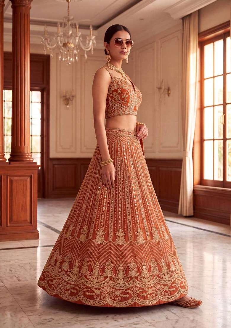 Orange Sequin Work Net Lehenga Set - Indya