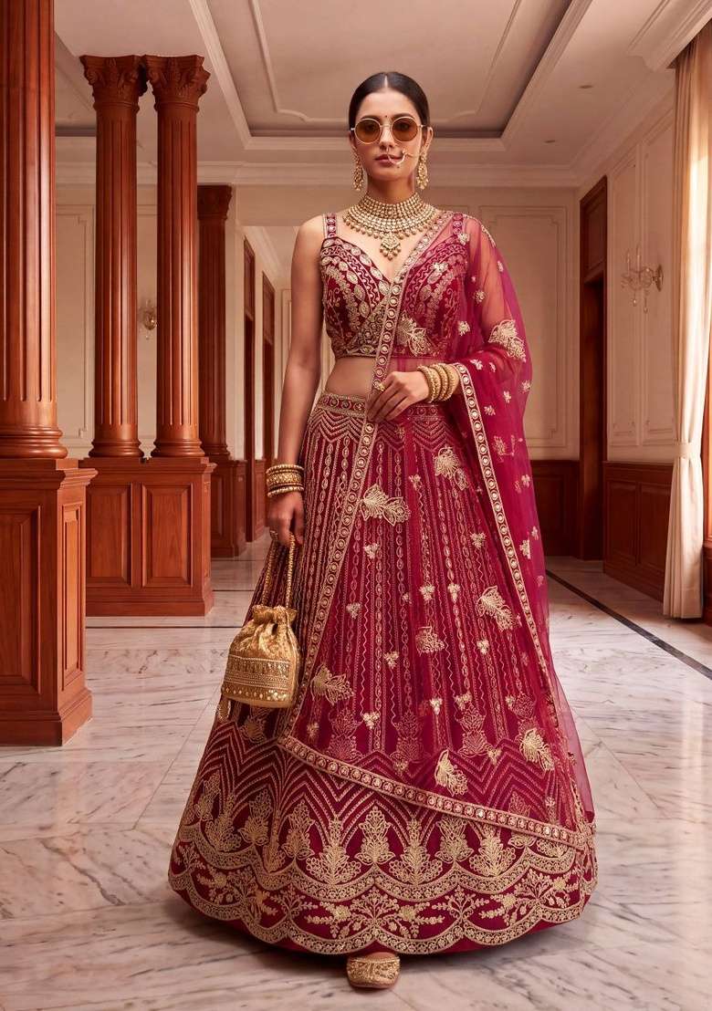 Pink Sequin Work Net Lehenga Set for Diwali and Festive Wear - Indya