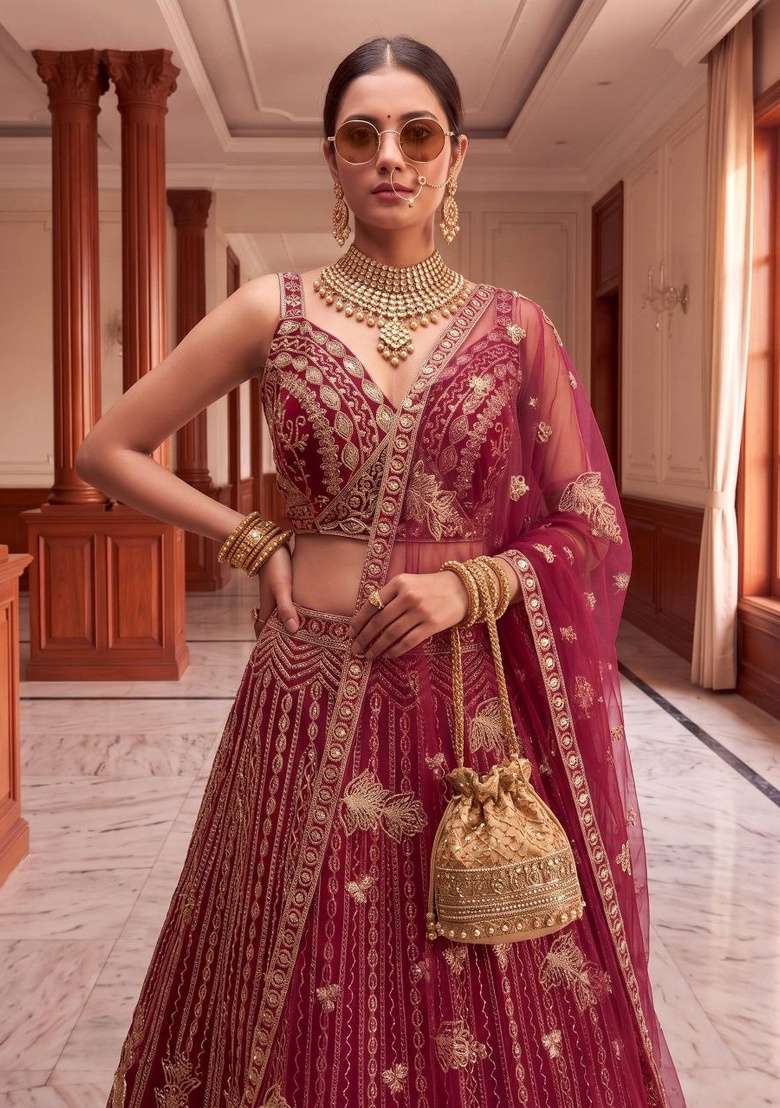 Pink Sequin Work Net Lehenga Set for Diwali and Festive Wear - Indya