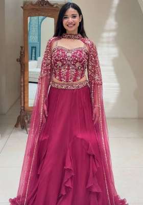 Pink Work Crepe Lehenga Set with Sequin for Diwali | Wedding & Festive Wear