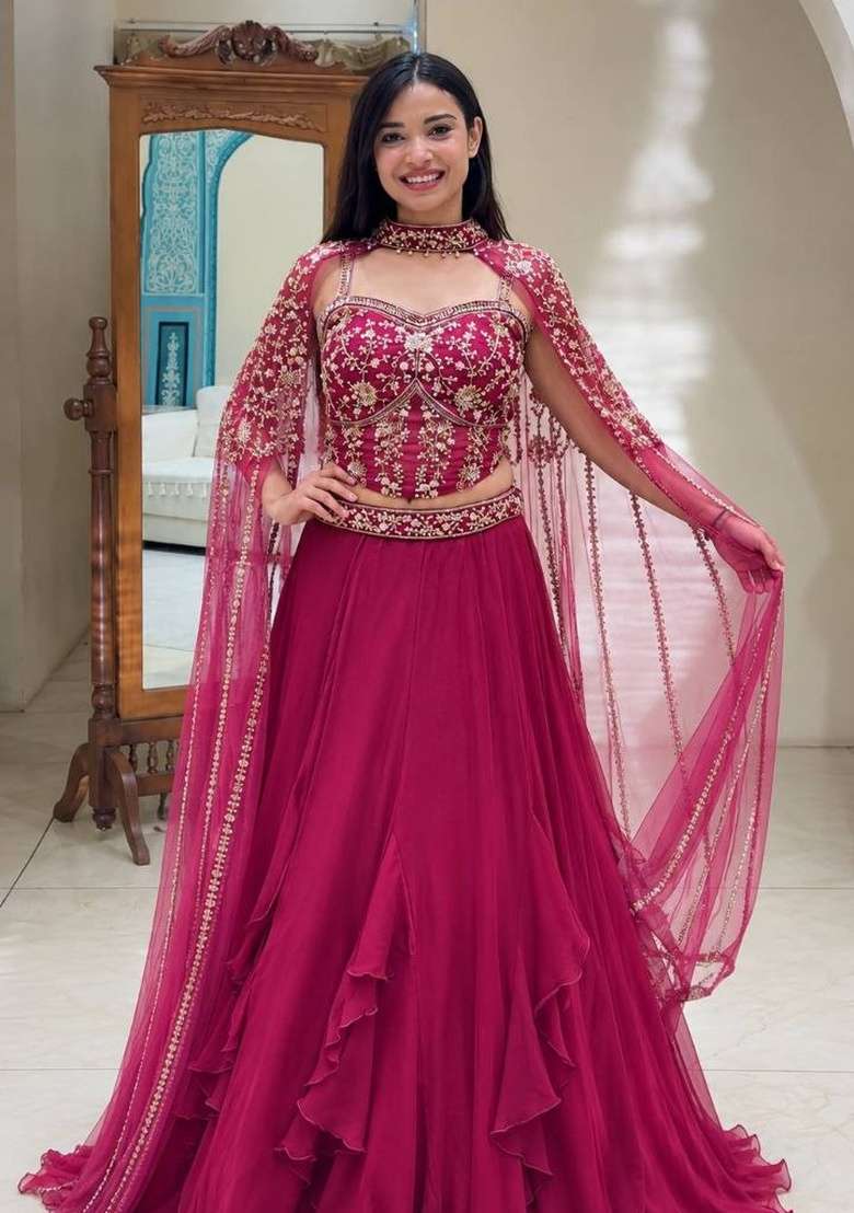 Pink Sequin Work Crepe Lehenga Set - Indya