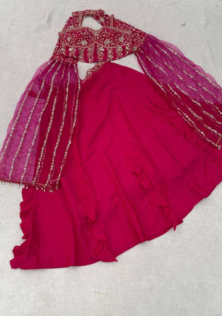 Pink Sequin Work Crepe Lehenga Set - Indya