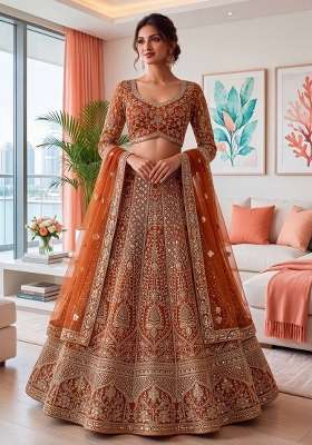 Orange Work Net Lehenga Set with Sequin for Diwali | Wedding & Festive Wear