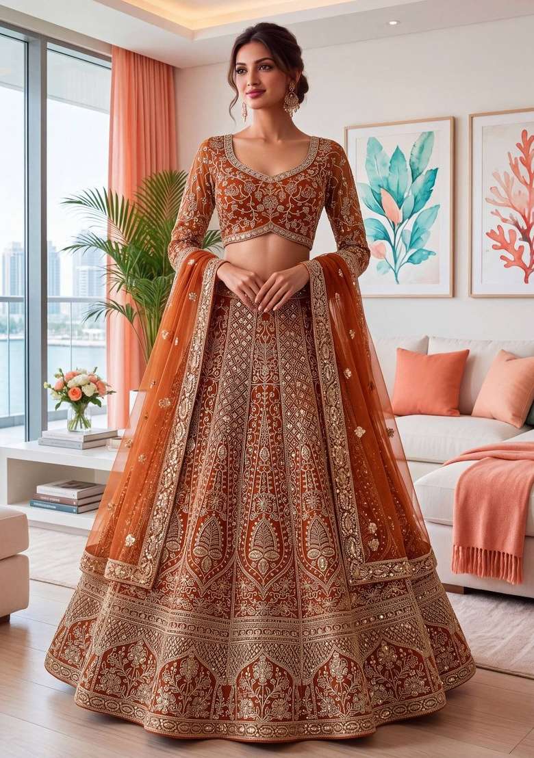 Orange Work Net Lehenga Set with Sequin for Diwali | Wedding & Festive Wear - Indya