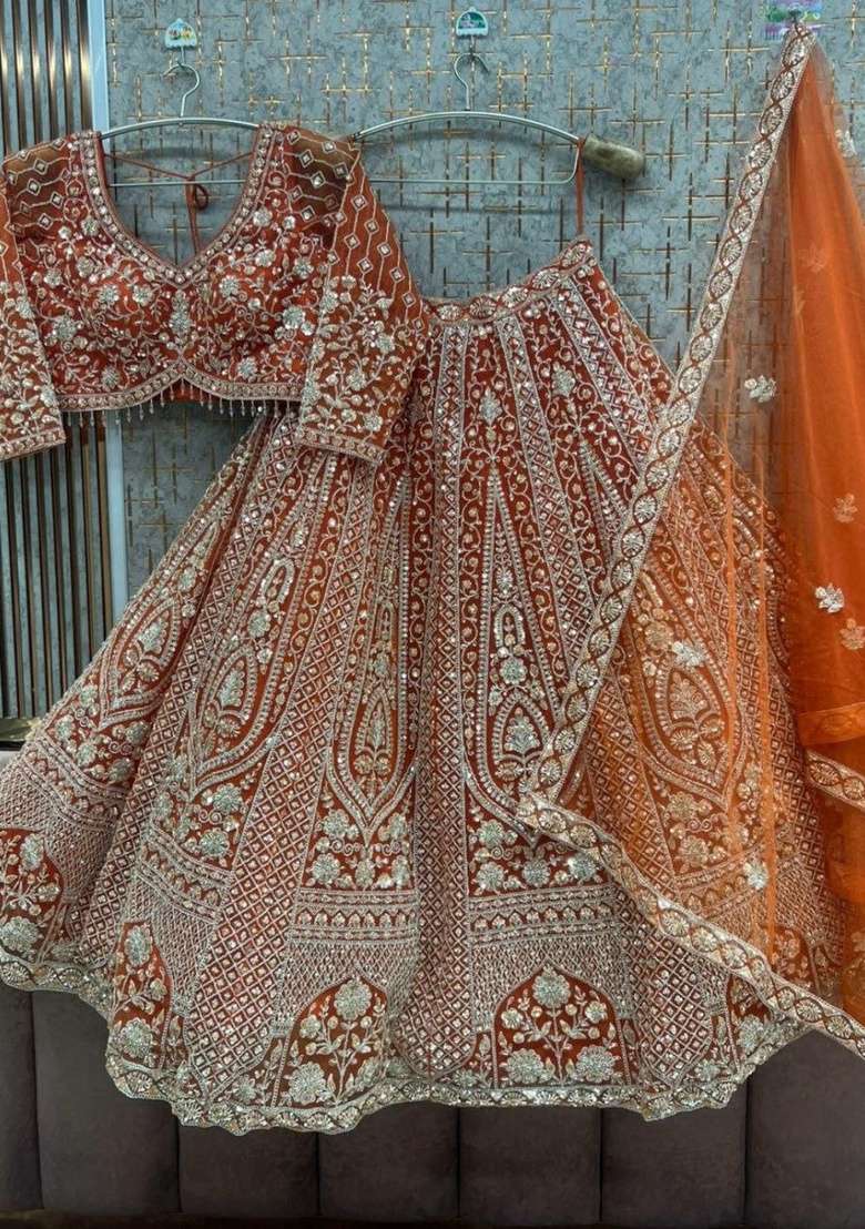 Orange Work Net Lehenga Set with Sequin for Diwali | Wedding & Festive Wear - Indya