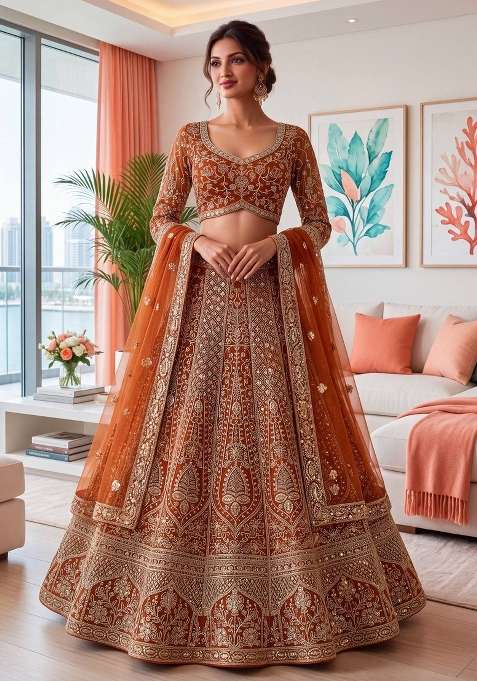 Orange Work Net Lehenga Set with Sequin for Diwali | Wedding & Festive Wear