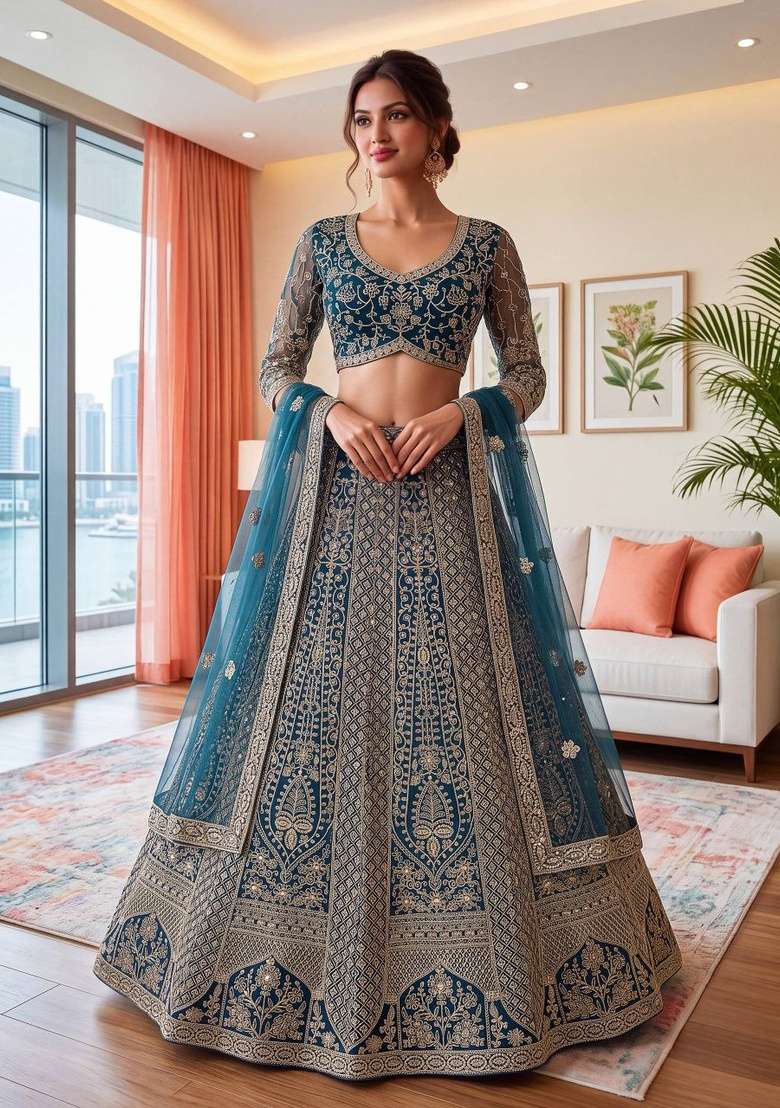 Blue Work Net Lehenga Set with Sequin for Diwali | Wedding & Festive Wear - Indya