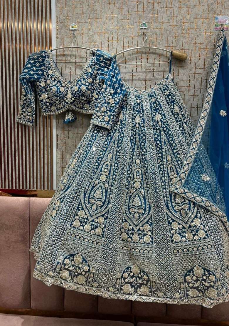 Blue Work Net Lehenga Set with Sequin for Diwali | Wedding & Festive Wear - Indya