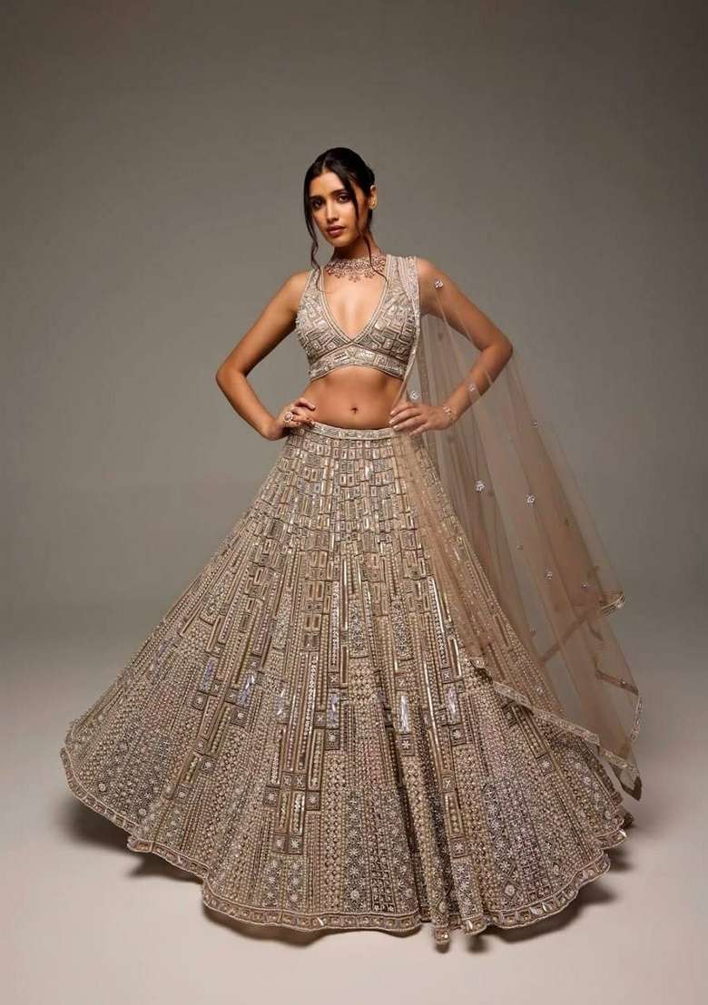 Golden Sequin Work Net Lehenga Set - Indya