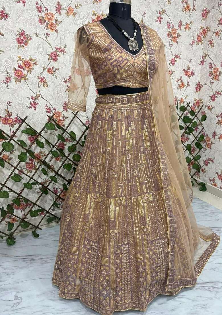Golden Sequin Work Net Lehenga Set for Diwali and Festive Wear - Indya