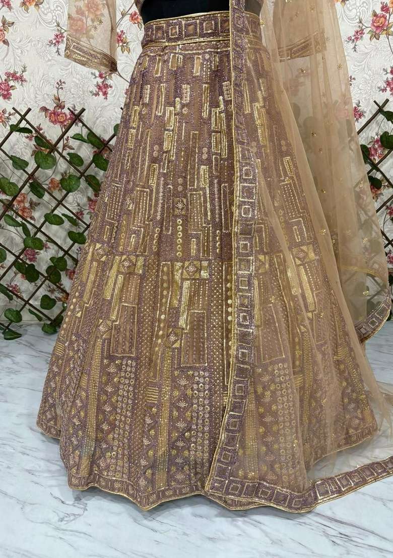 Golden Sequin Work Net Lehenga Set - Indya