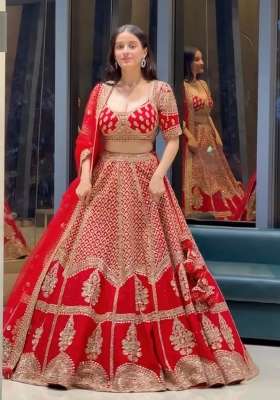 Red Work Satin Lehenga Set with Sequin for Diwali | Wedding & Festive Wear