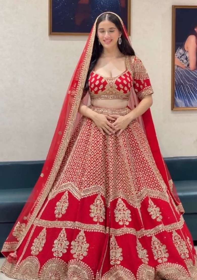 Red Sequin Work Satin Lehenga Set - Indya