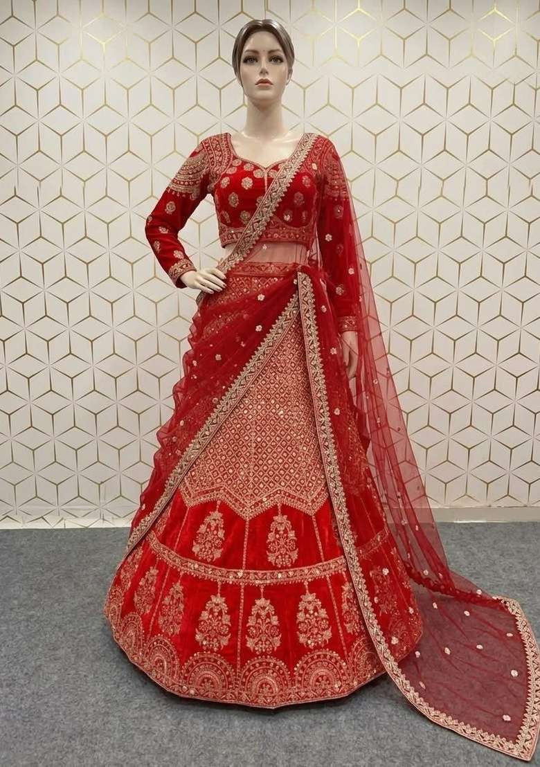Red Sequin Work Satin Lehenga Set - Indya