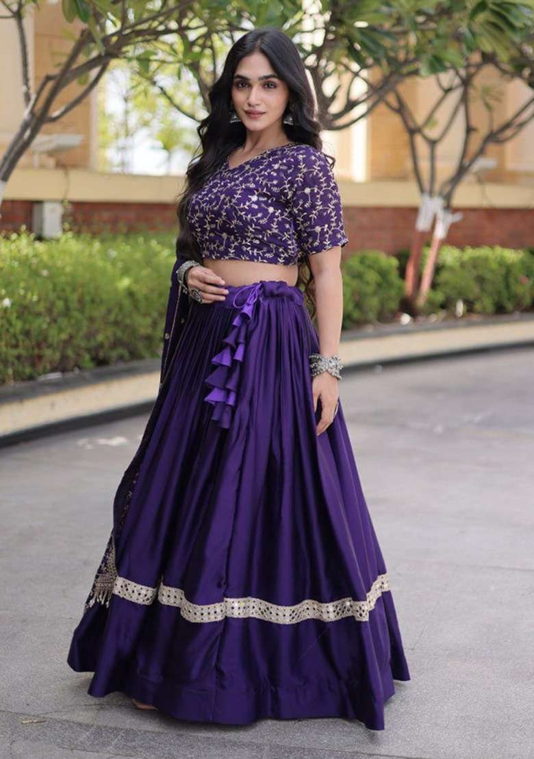 Purple Sequin Work Satin Lehenga Set - Indya