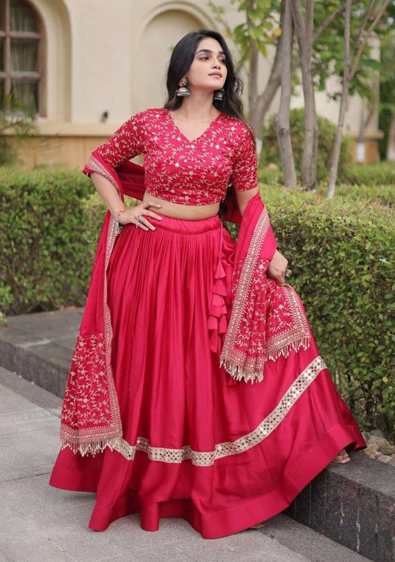 Pink Sequin Work Satin Lehenga Set - Indya