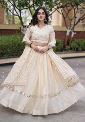 White Work Satin Lehenga Set with Sequin for Diwali | Wedding & Festive Wear